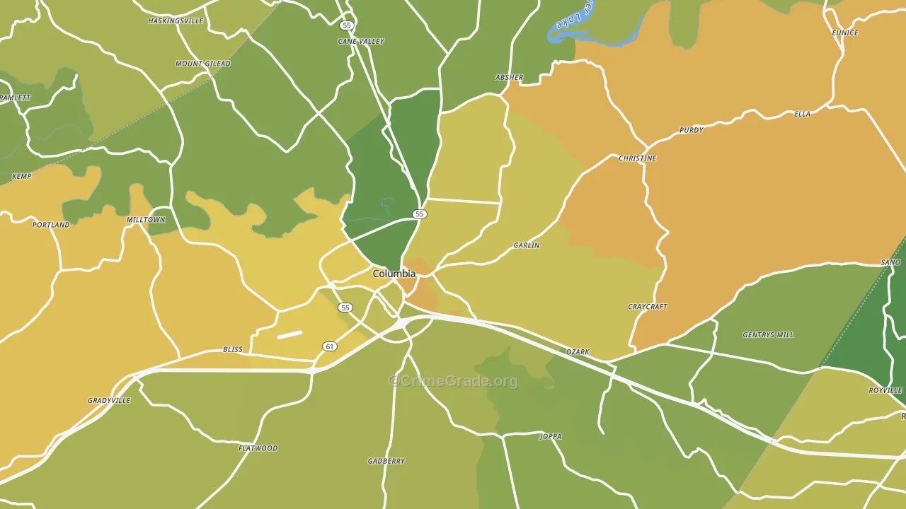 Columbia, KY Map of Vehicle Theft Rates