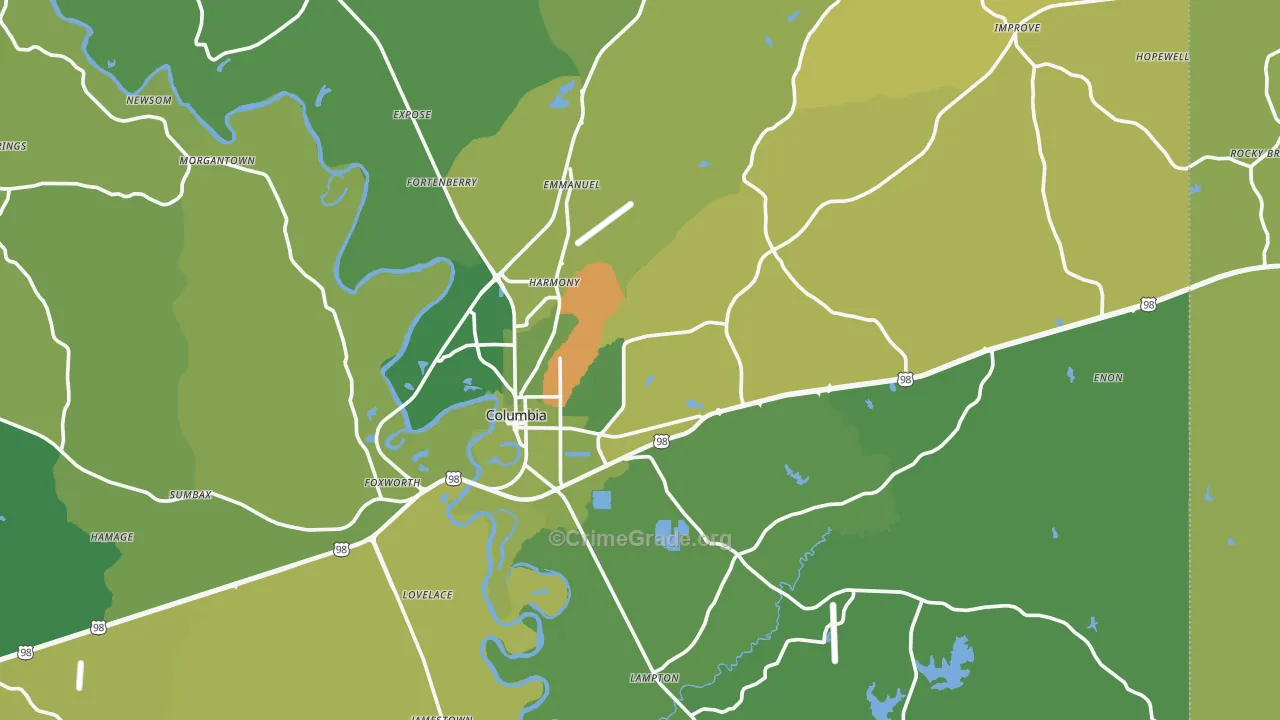Columbia, MS Map of Vehicle Theft Rates