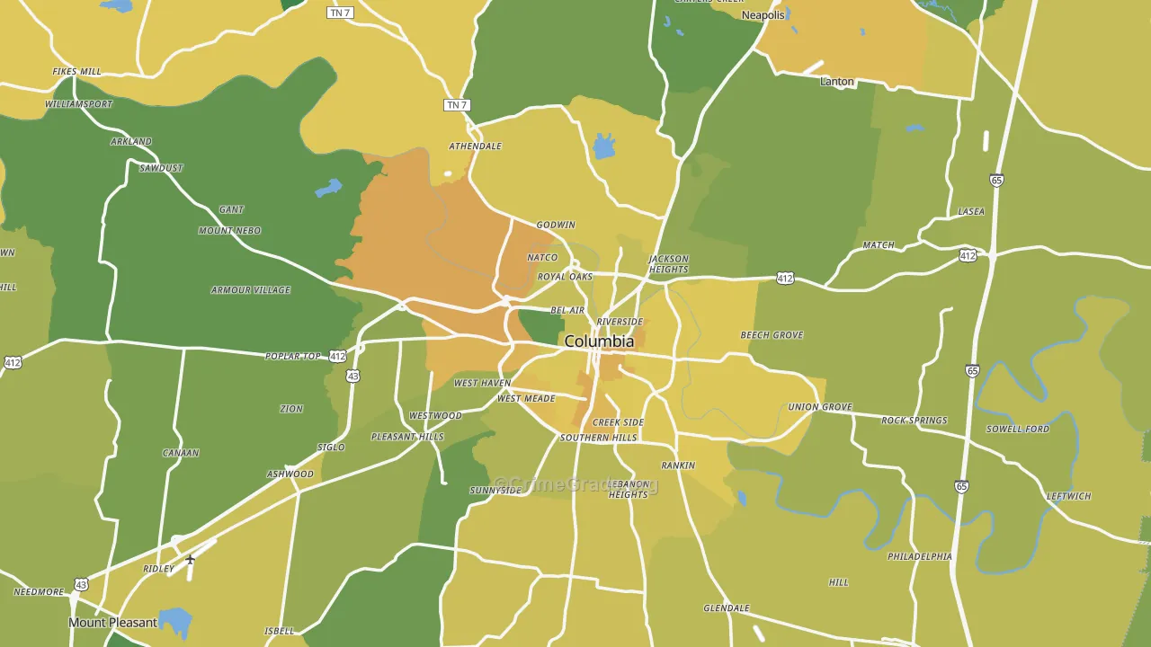 Columbia, TN Map of Vehicle Theft Rates