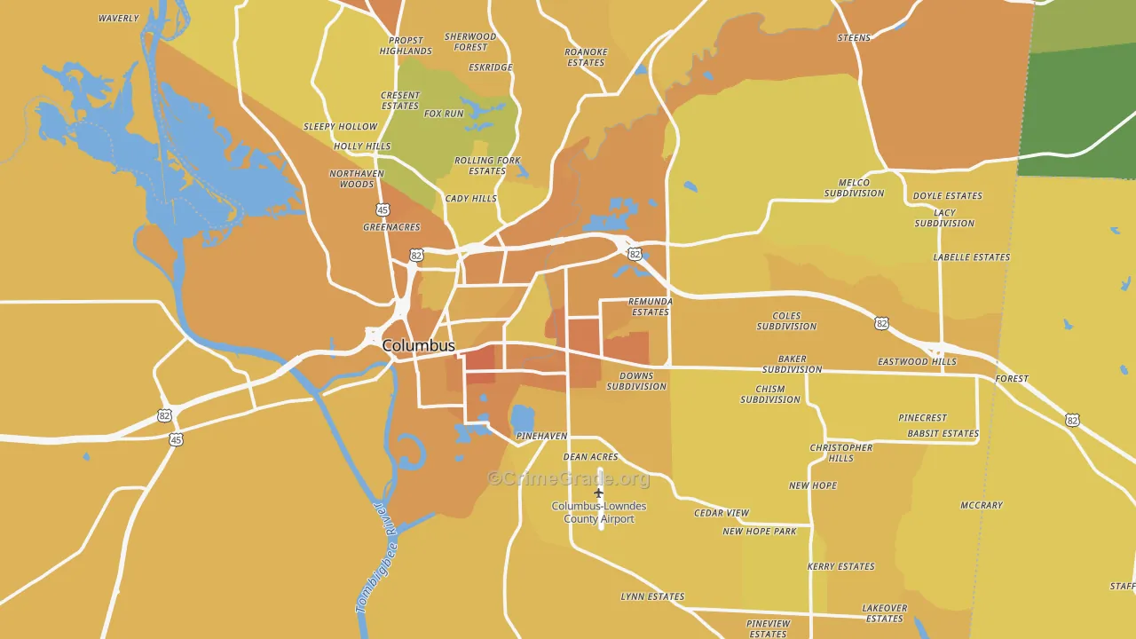 Columbus, MS Map of Vehicle Theft Rates