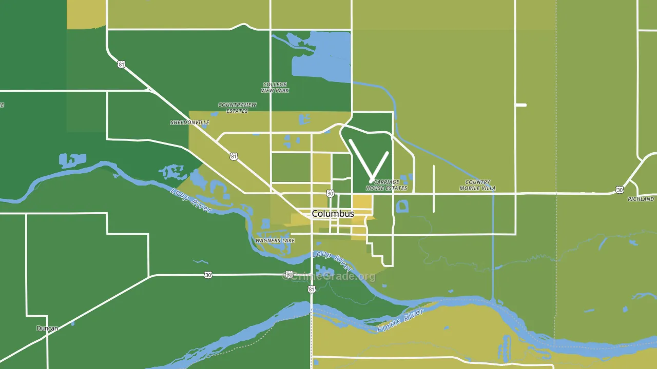 Columbus, NE Map of Vehicle Theft Rates