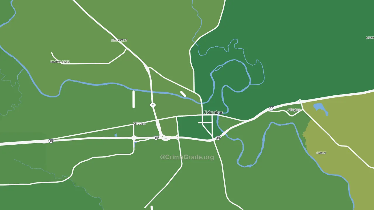 Columbus, TX Map of Vehicle Theft Rates
