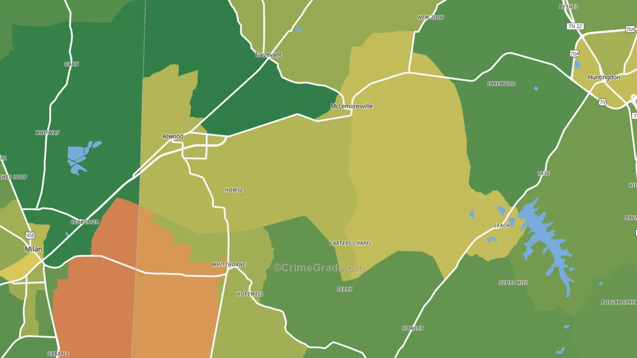 Concord, TN Map of Vehicle Theft Rates