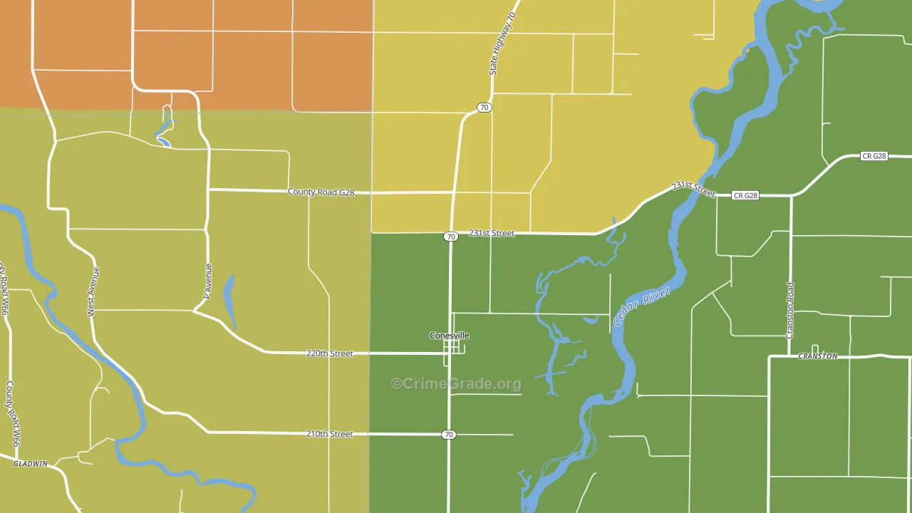 Conesville, IA Map of Vehicle Theft Rates