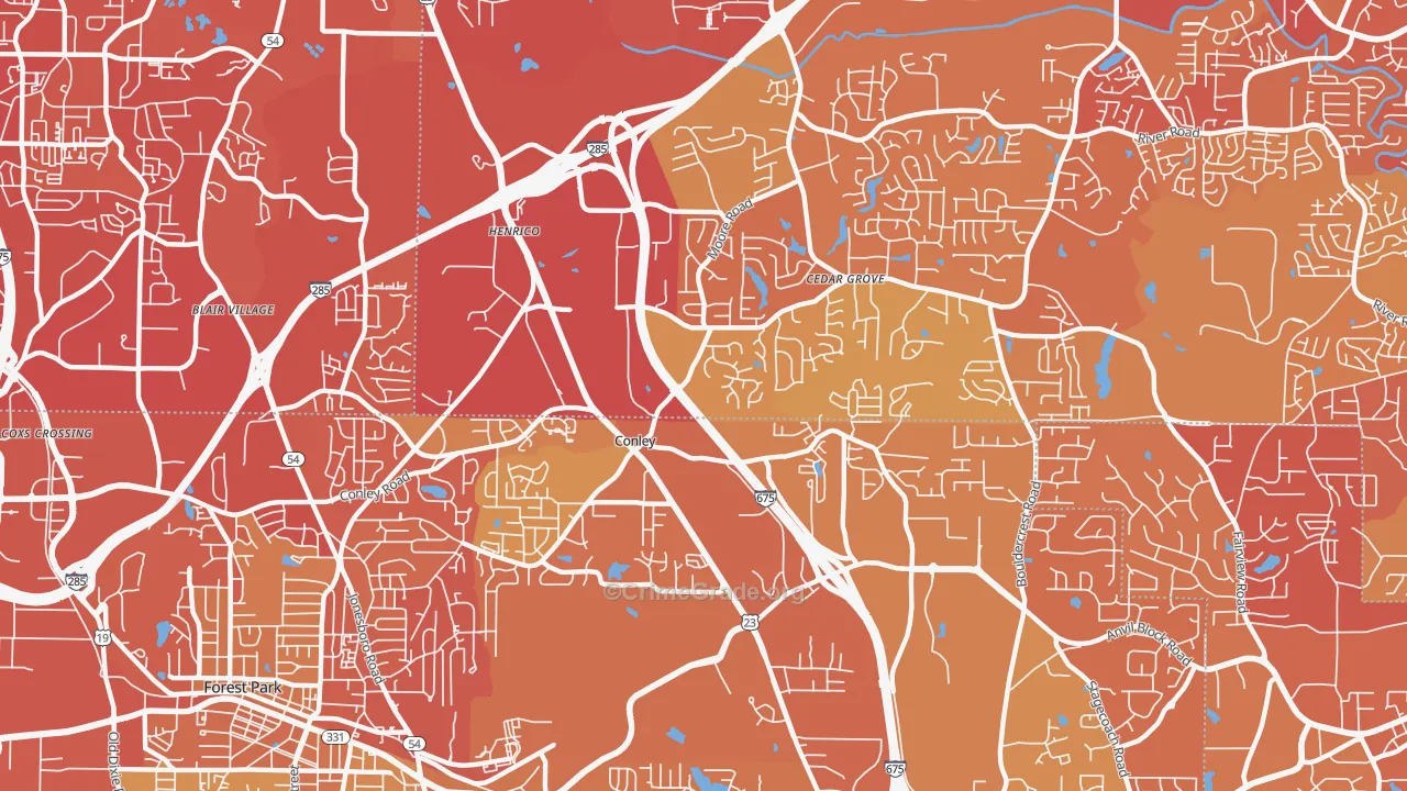Conley, GA Map of Vehicle Theft Rates