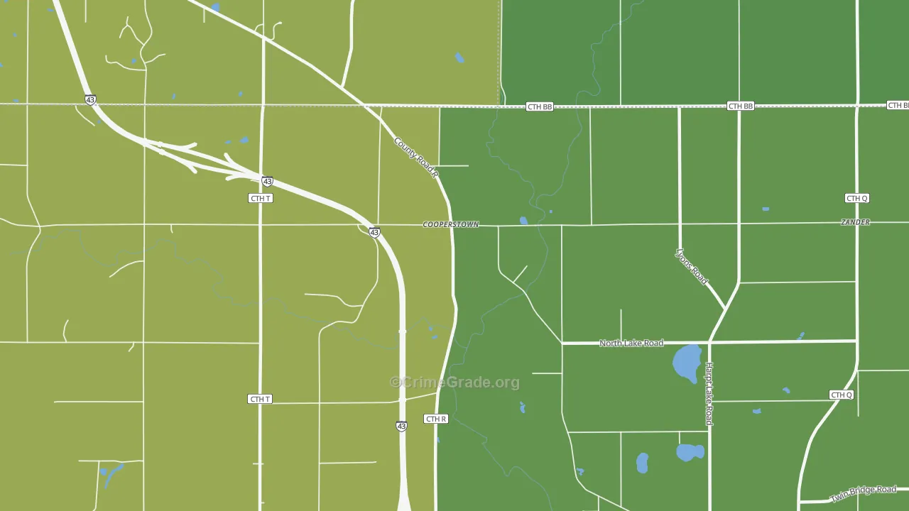 Cooperstown, WI Map of Vehicle Theft Rates