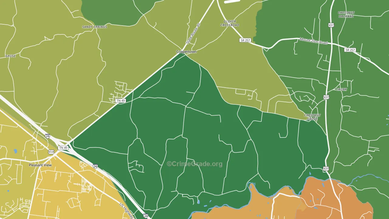 Coopertown, TN Map of Vehicle Theft Rates