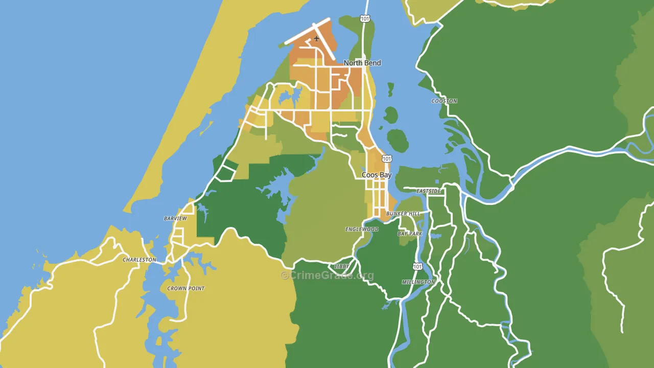Coos Bay, OR Map of Vehicle Theft Rates