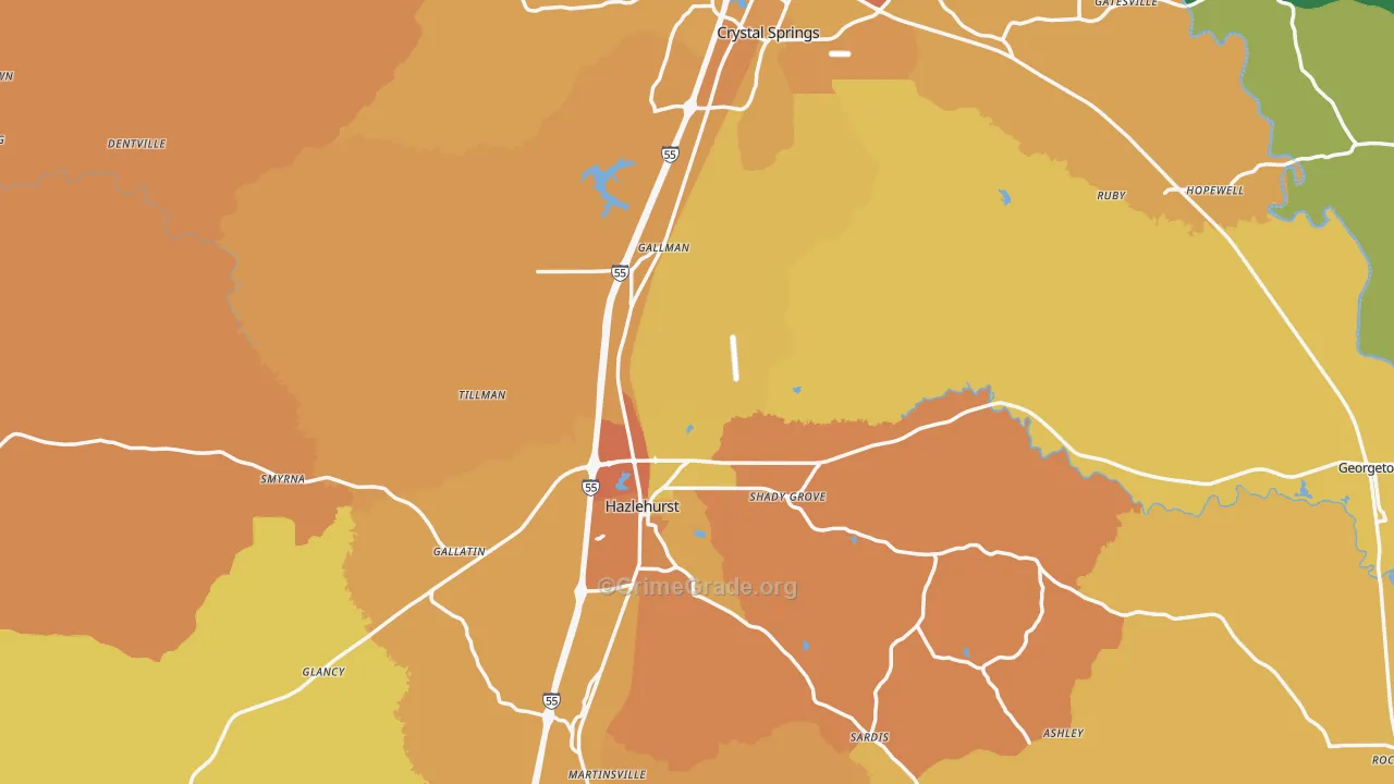 Copiah County, MS Map of Vehicle Theft Rates