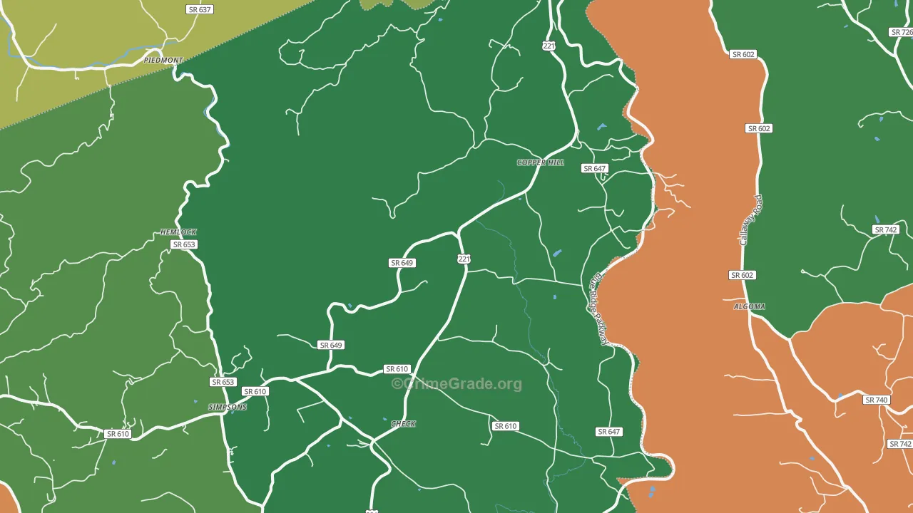 Copper Hill, VA Map of Vehicle Theft Rates