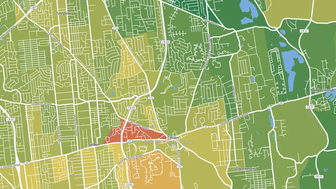 Coram, NY Map of Vehicle Theft Rates