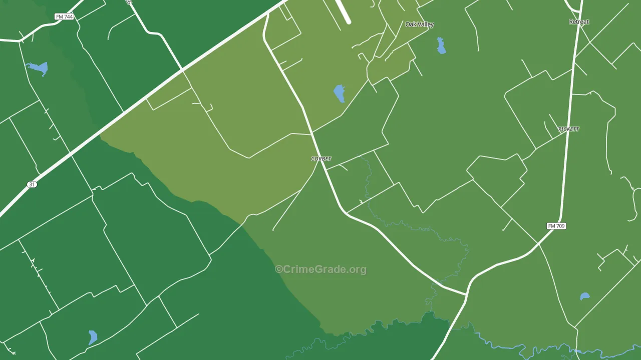 Corbet, TX Map of Vehicle Theft Rates