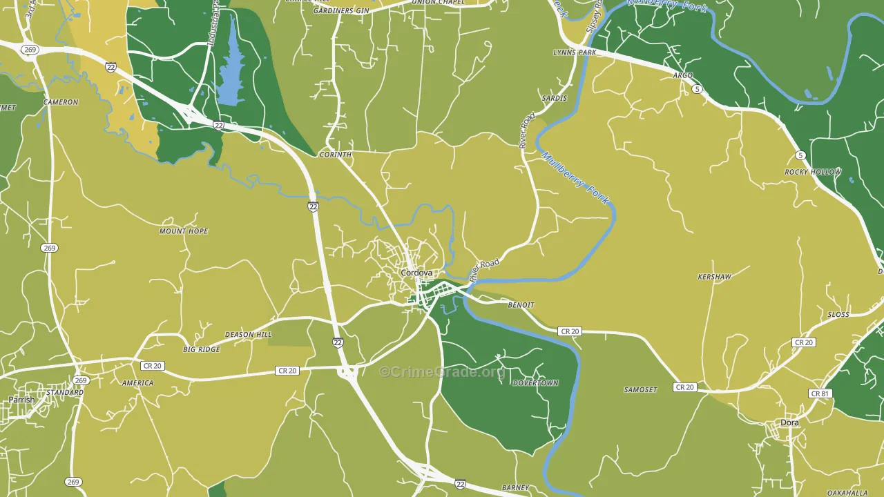 Cordova, AL Map of Vehicle Theft Rates