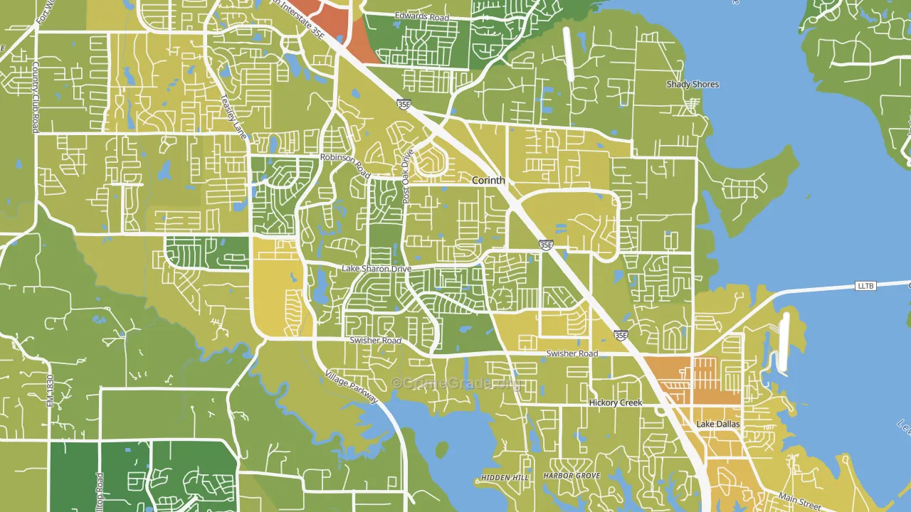 Corinth, TX Map of Vehicle Theft Rates
