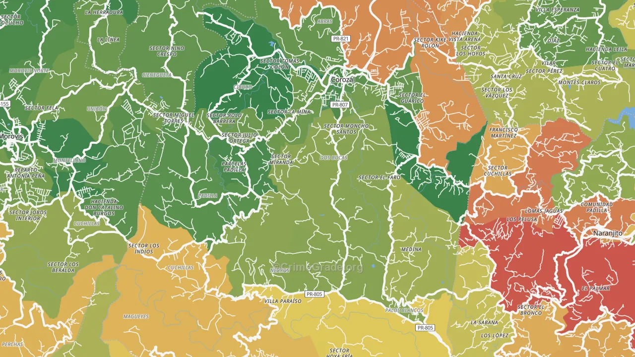Corozal, PR Map of Vehicle Theft Rates