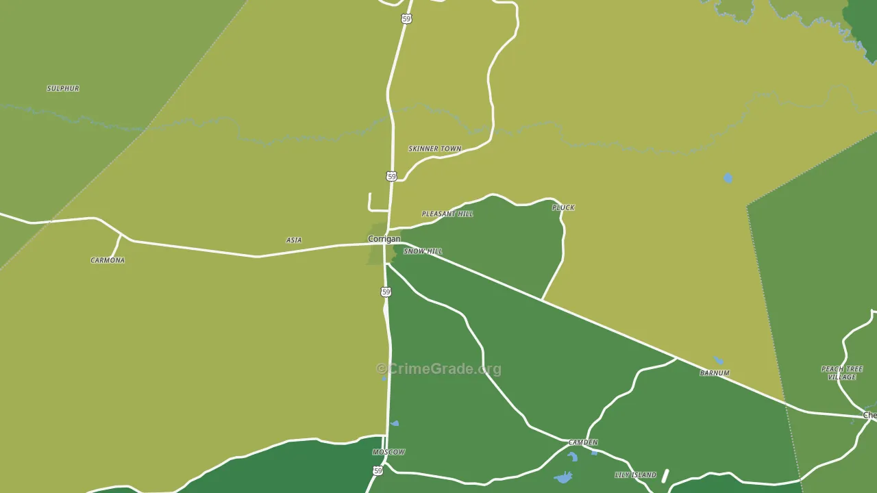 Corrigan, TX Map of Vehicle Theft Rates