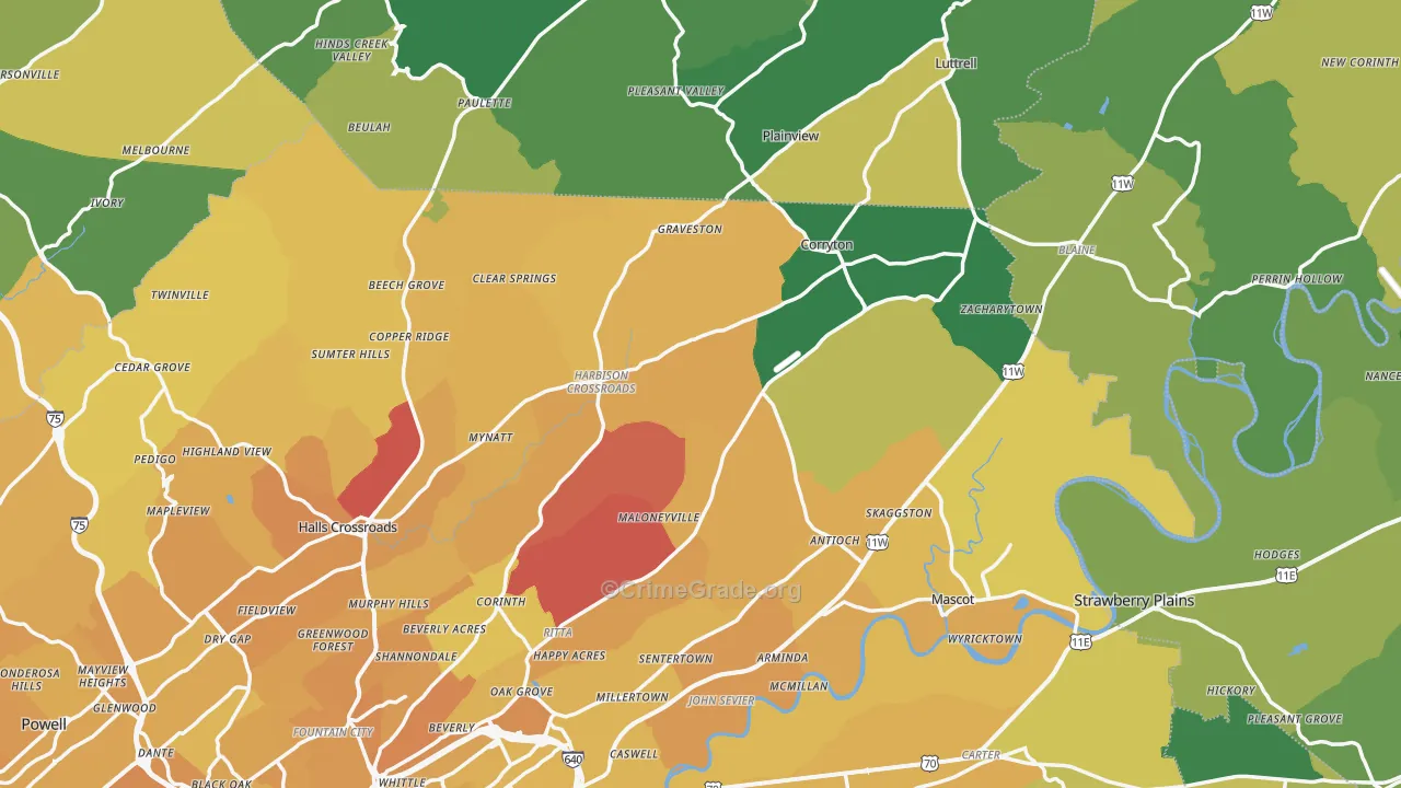 Corryton, TN Map of Vehicle Theft Rates