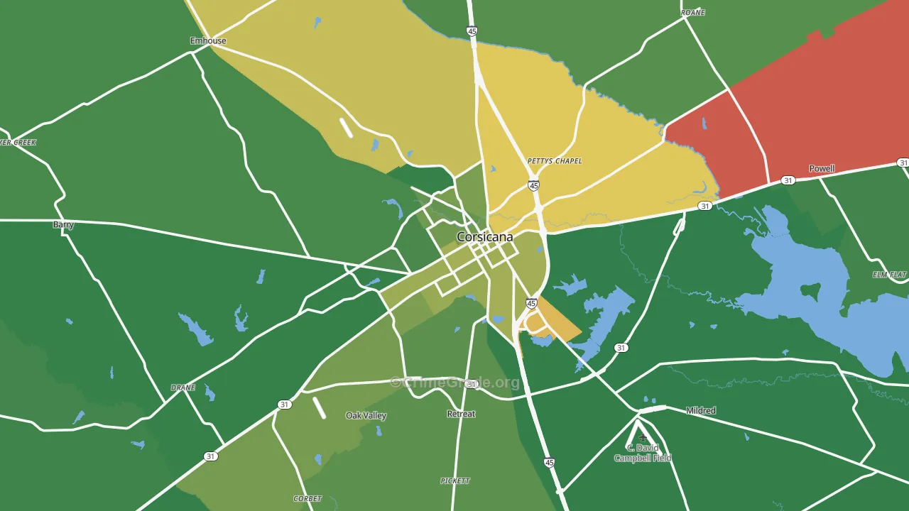 Corsicana, TX Map of Vehicle Theft Rates
