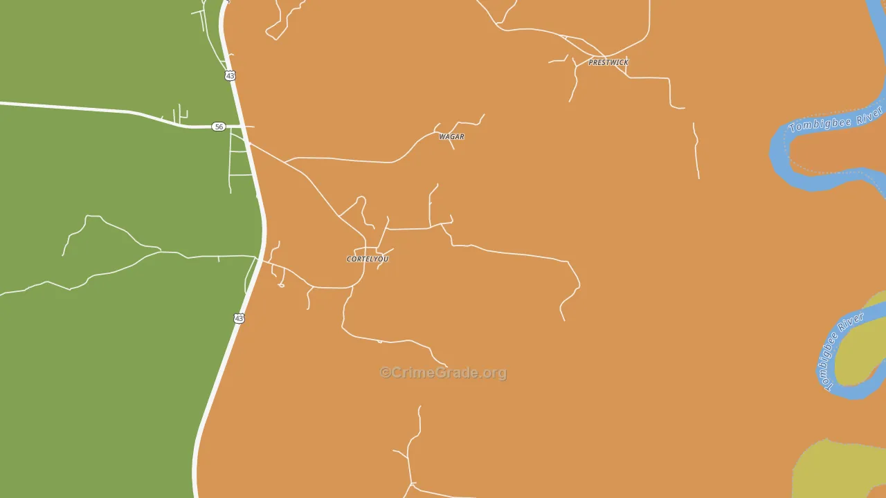Cortelyou, AL Map of Vehicle Theft Rates