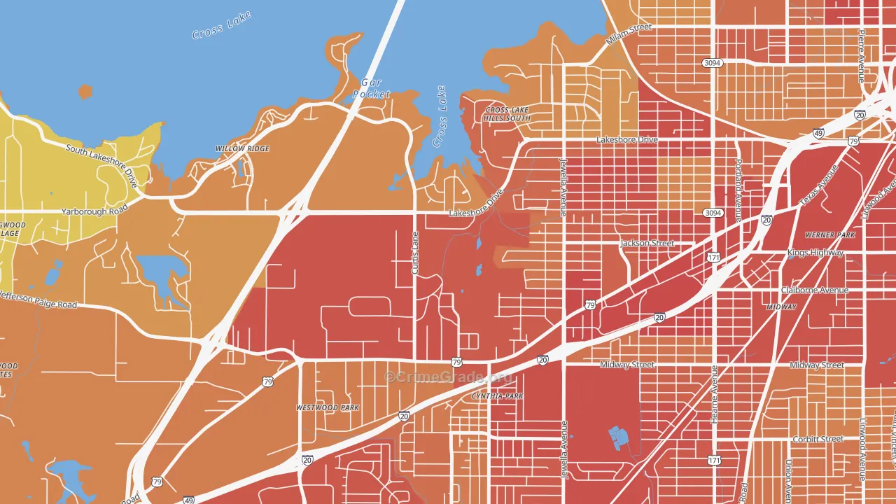 Country Club Hills Lakeshore Shops, Shreveport, LA Map of Vehicle Theft Rates
