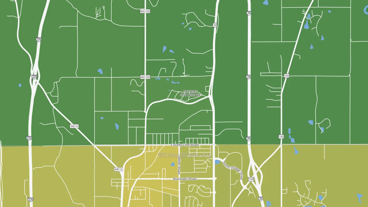 Country Club, MO Map of Vehicle Theft Rates
