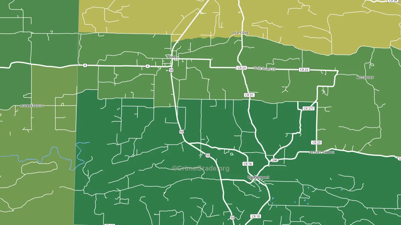 Cove, AR Map of Vehicle Theft Rates