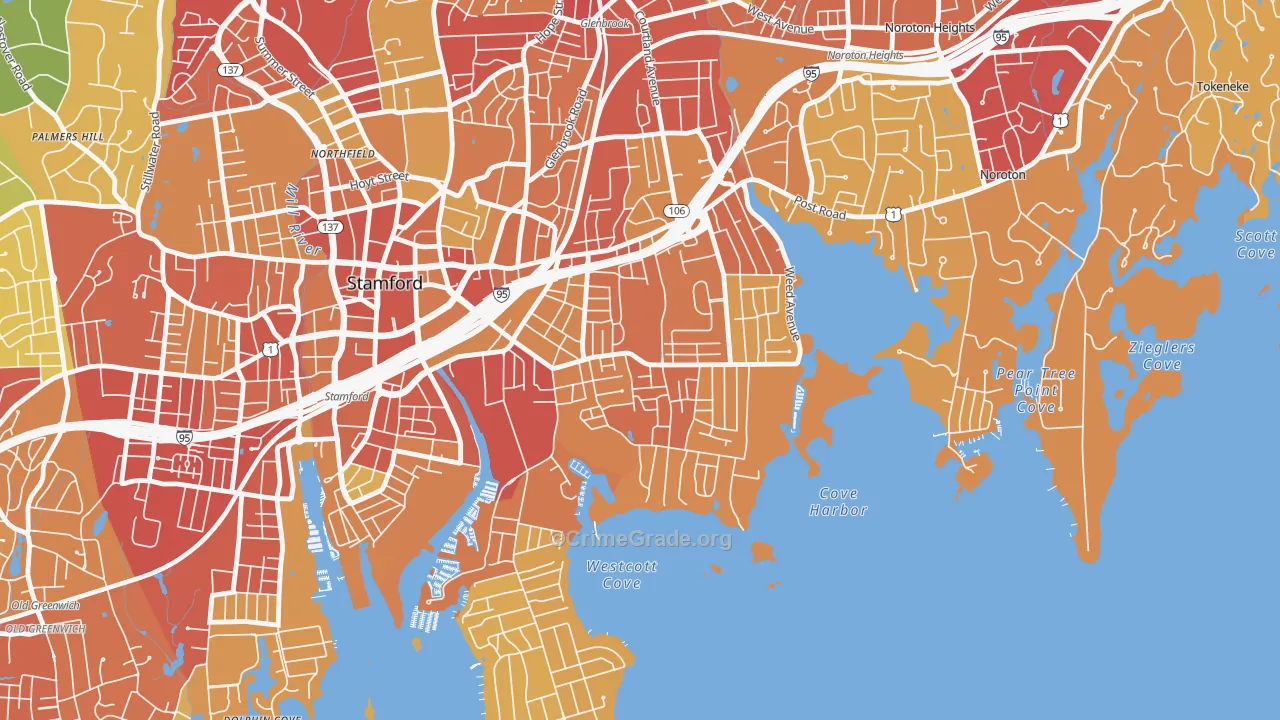 Cove-East Side, Stamford, CT Map of Vehicle Theft Rates