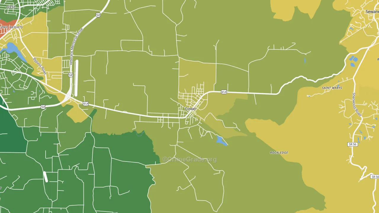 Cowan, TN Map of Vehicle Theft Rates