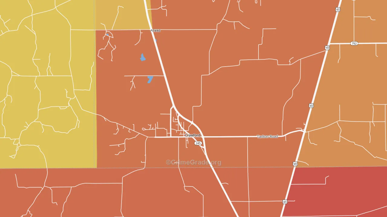 Crawford, MS Map of Vehicle Theft Rates