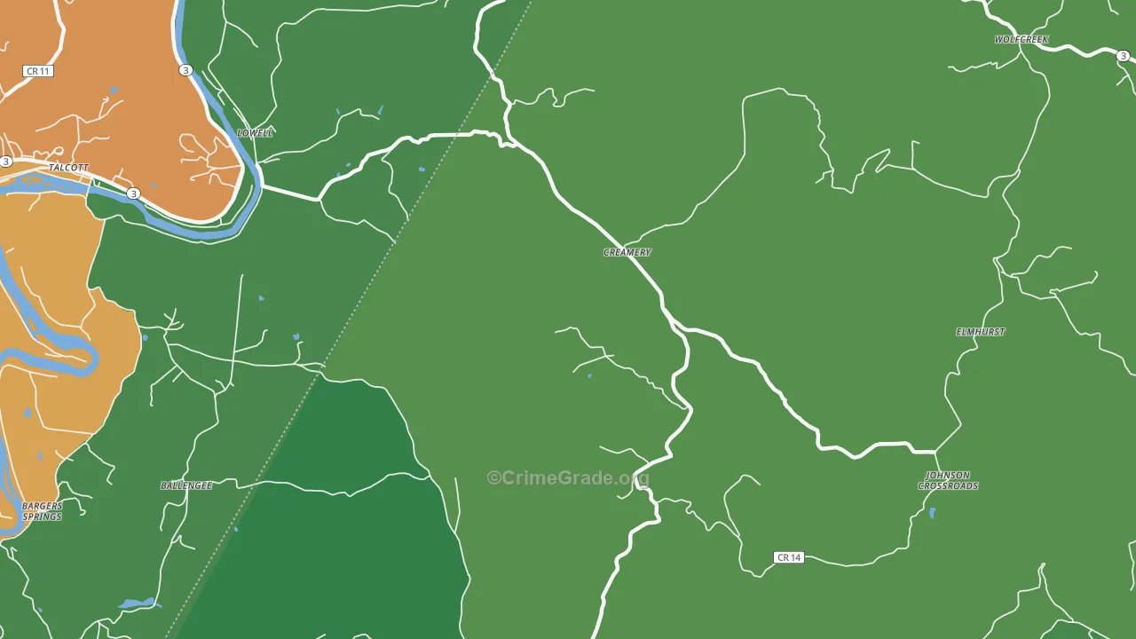 Creamery, WV Map of Vehicle Theft Rates