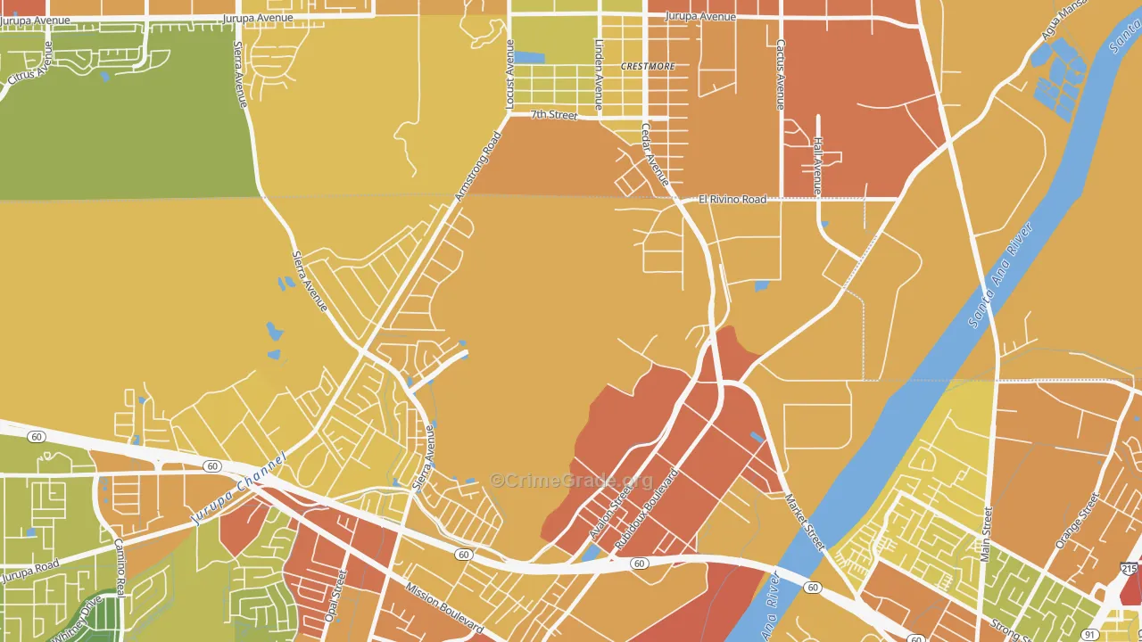 Crestmore Heights, CA Map of Vehicle Theft Rates
