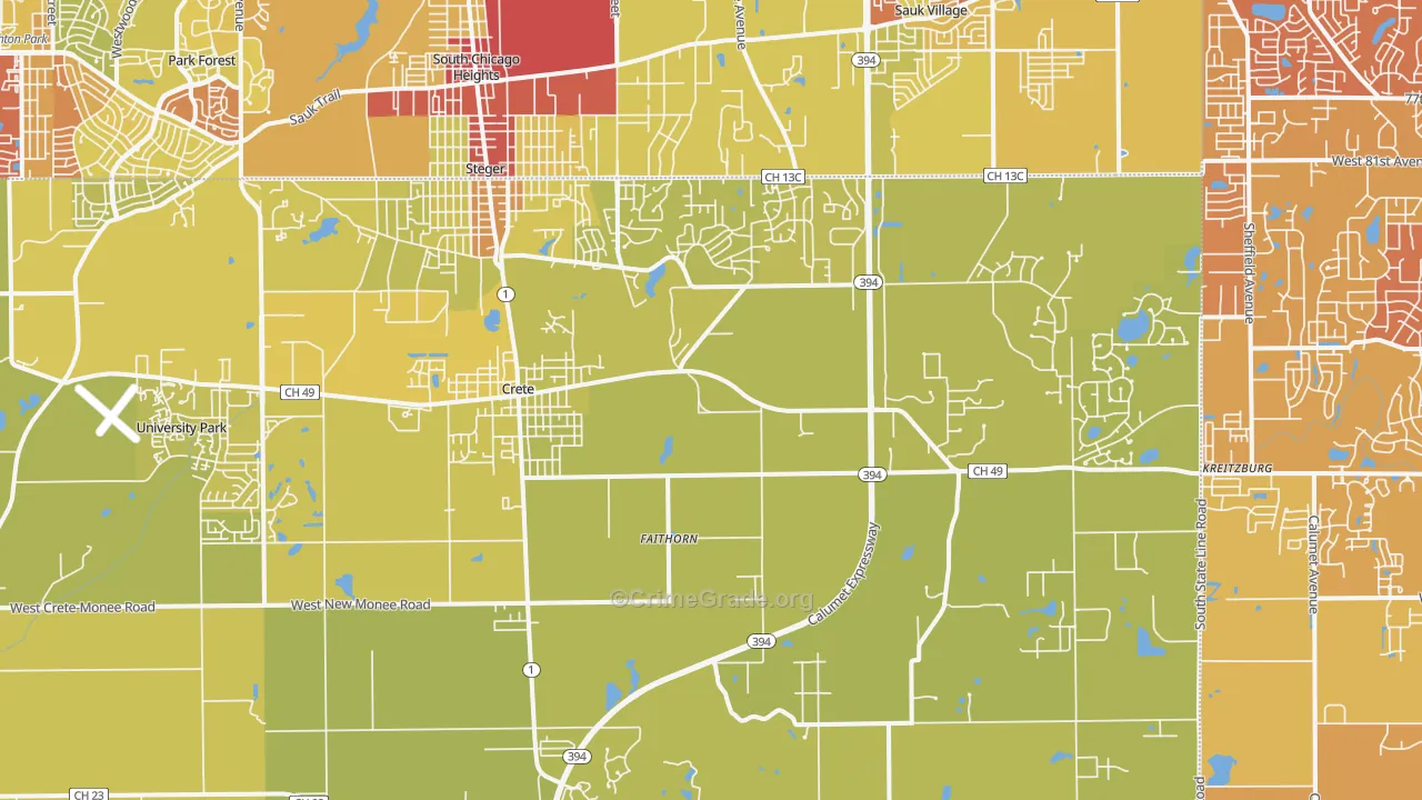 Crete, IL Map of Vehicle Theft Rates