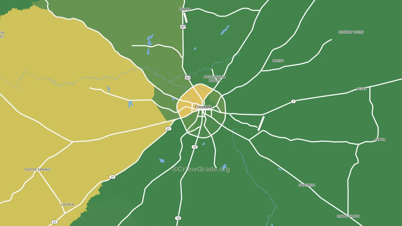 Crockett, TX Map of Vehicle Theft Rates