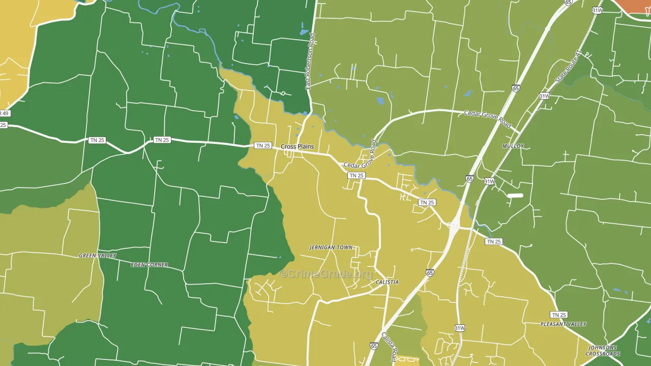 Cross Plains, TN Map of Vehicle Theft Rates