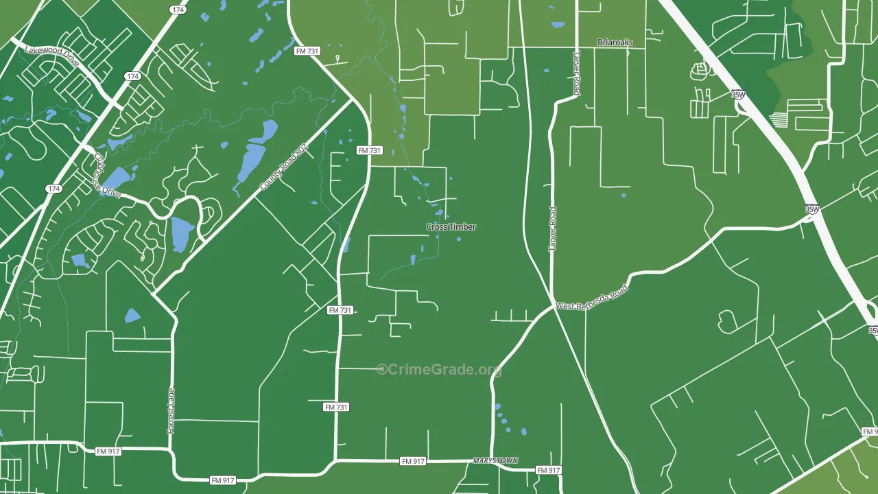 Cross Timber, TX Map of Vehicle Theft Rates