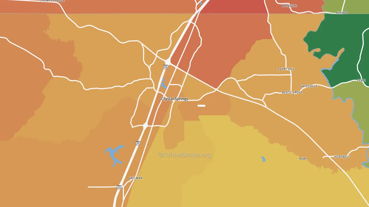 Crystal Springs, MS Map of Vehicle Theft Rates