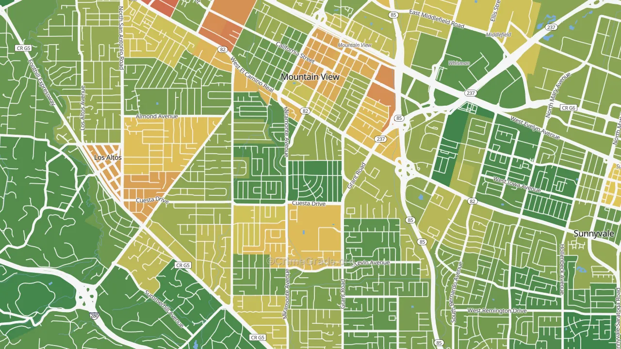 Cuesta Park, Mountain View, CA Map of Vehicle Theft Rates