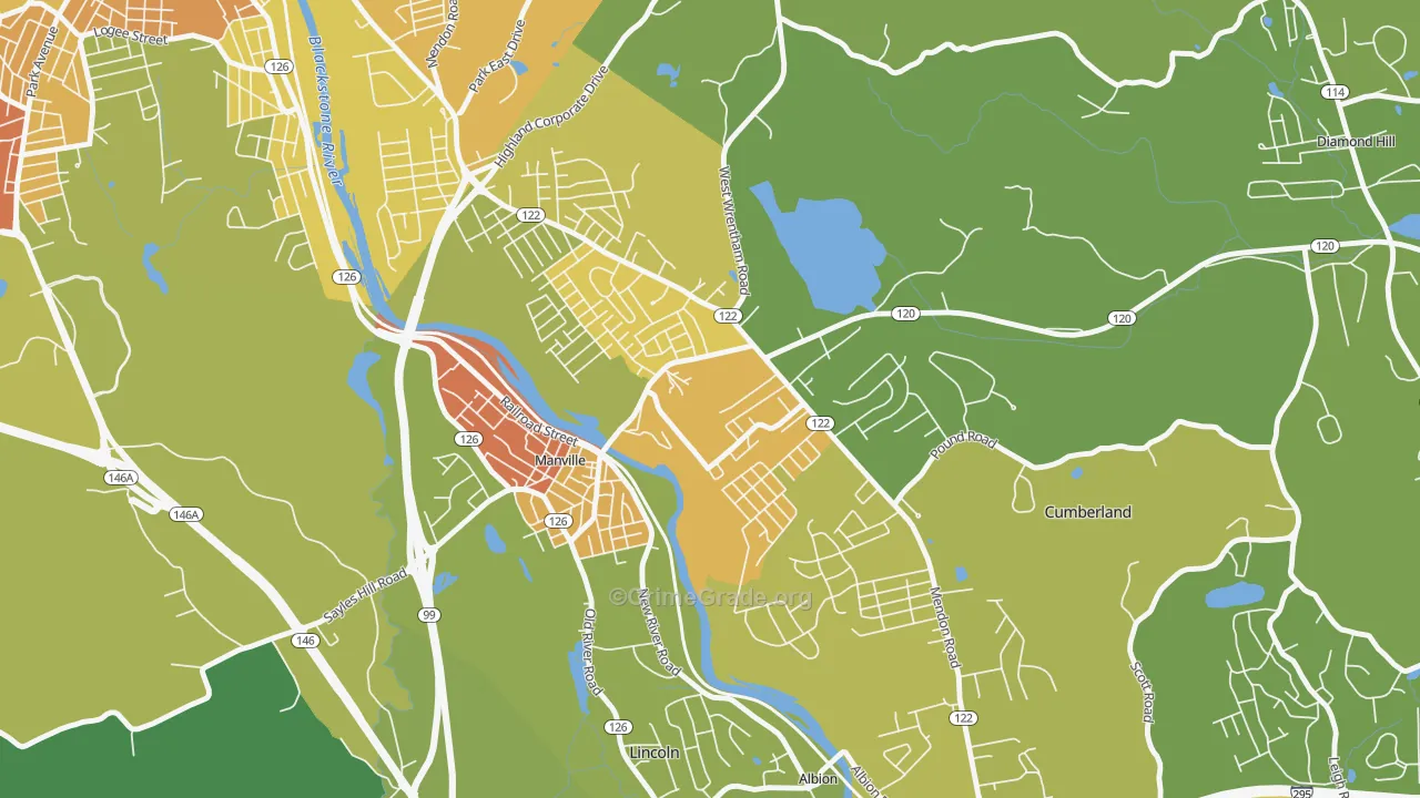 Cumberland Hill, RI Map of Vehicle Theft Rates