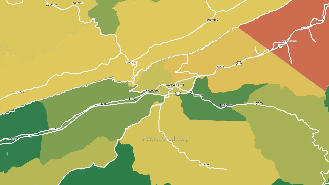 Cumberland, KY Map of Vehicle Theft Rates