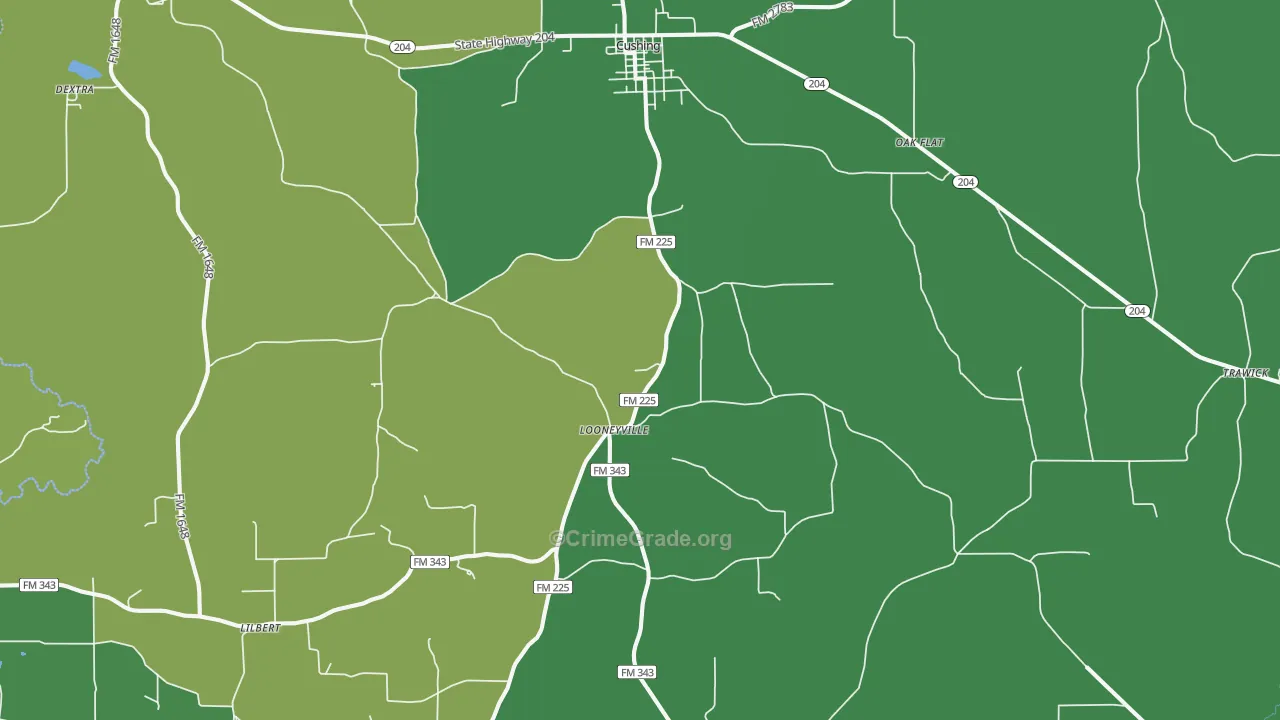 Cushing, TX Map of Vehicle Theft Rates