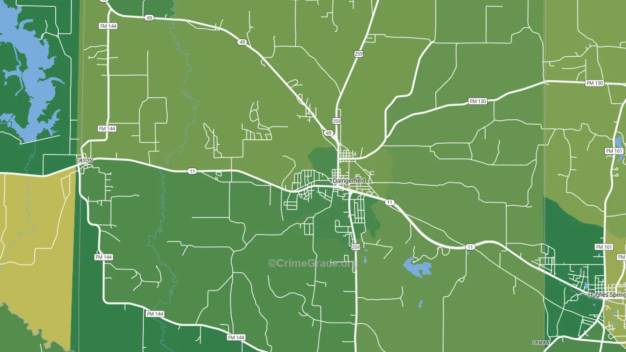 Daingerfield, TX Map of Vehicle Theft Rates