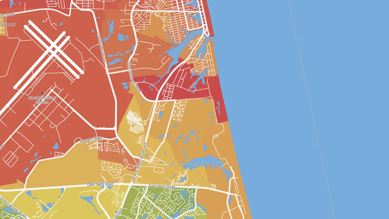 Dam Neck Naval Air Station, Virginia Beach, VA Map of Vehicle Theft Rates