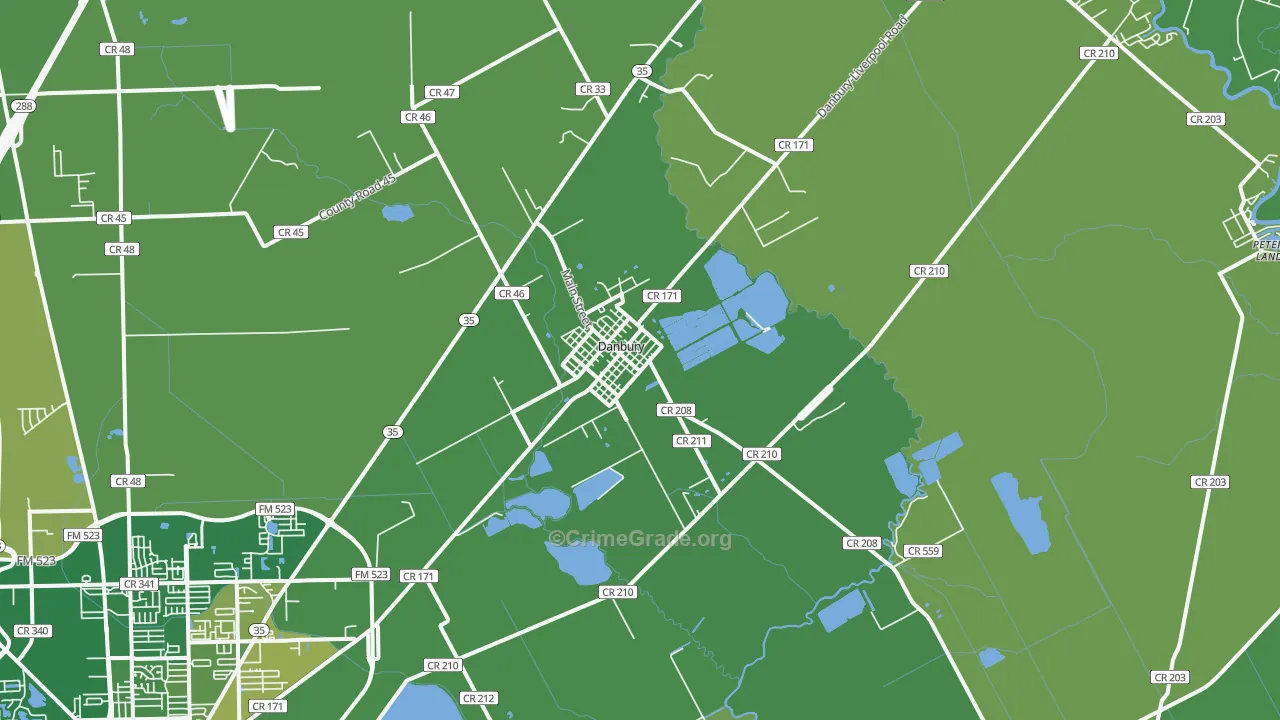 Danbury, TX Map of Vehicle Theft Rates