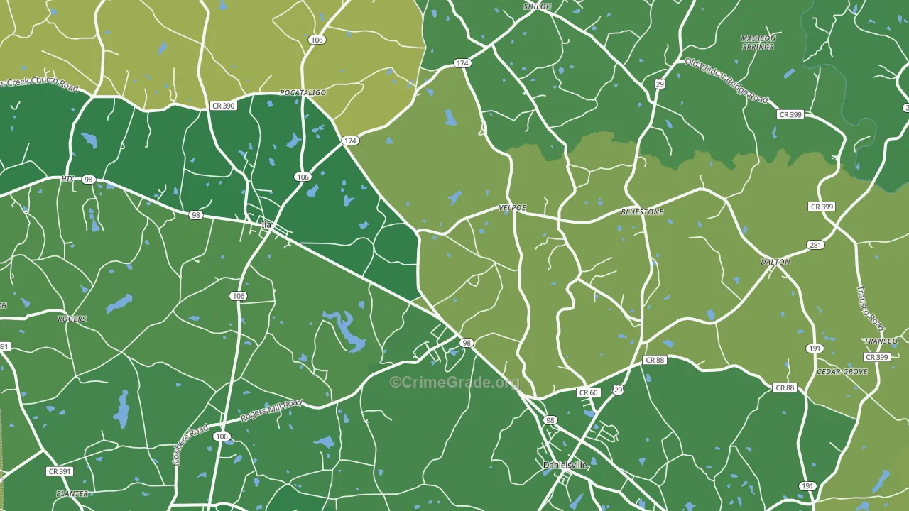 Danielsville, GA Map of Vehicle Theft Rates