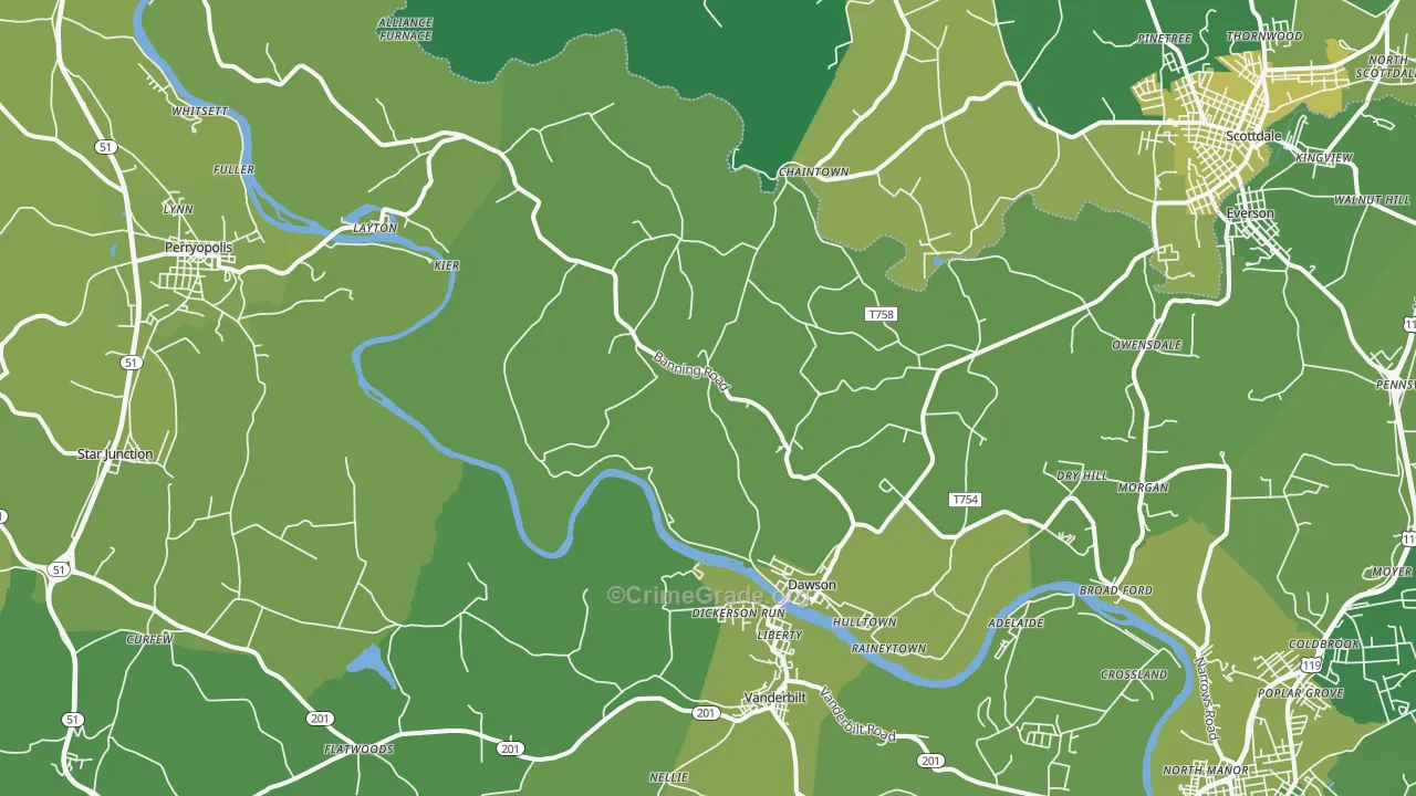 Dawson, PA Map of Vehicle Theft Rates