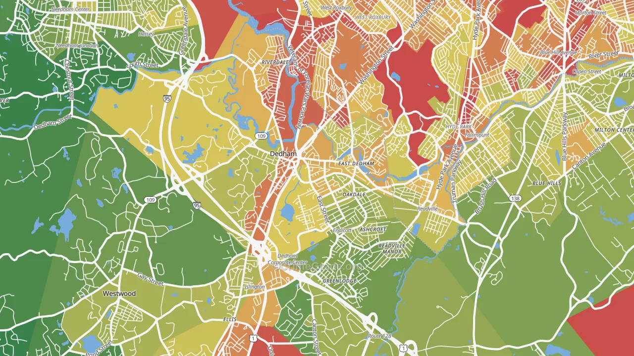 Dedham, MA Map of Vehicle Theft Rates