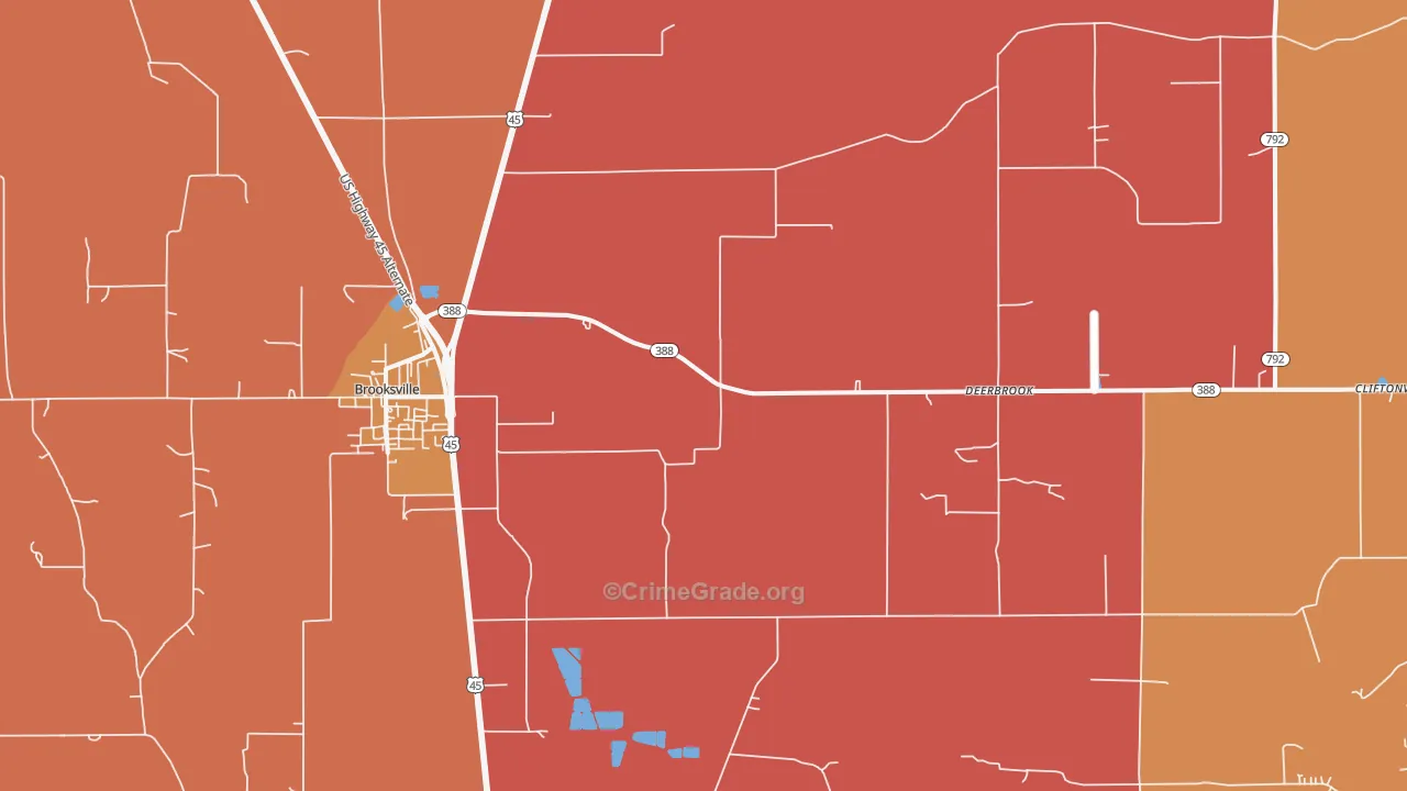 Deerbrook, MS Map of Vehicle Theft Rates