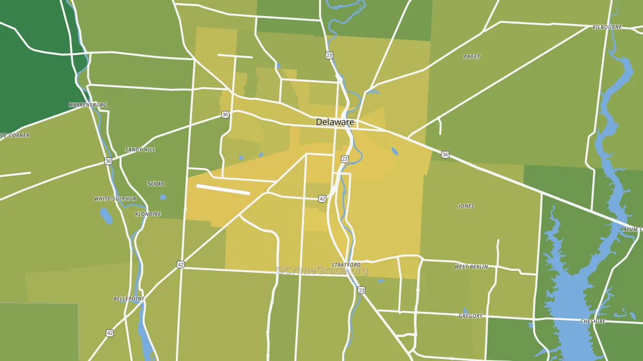 Delaware, OH Map of Vehicle Theft Rates