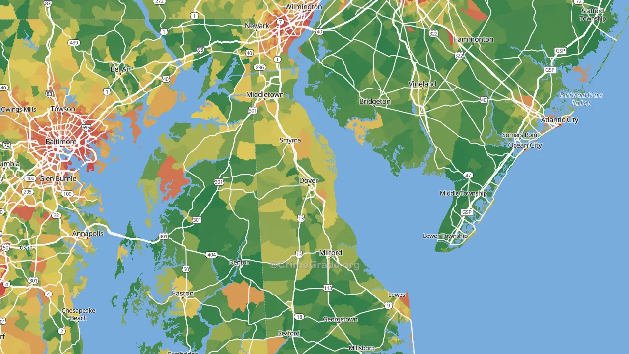 Delaware Map of Vehicle Theft Rates