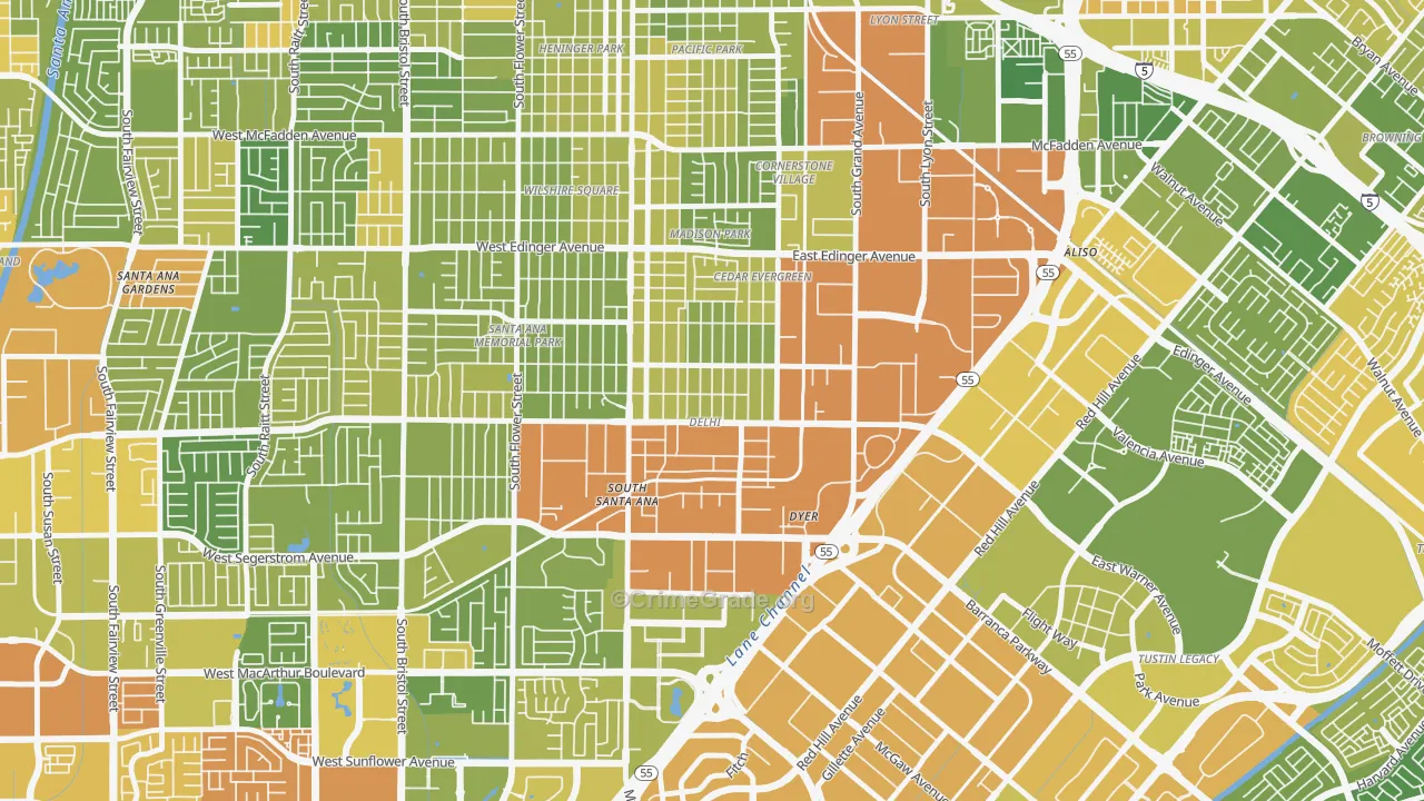 Delhi, Santa Ana, CA Map of Vehicle Theft Rates
